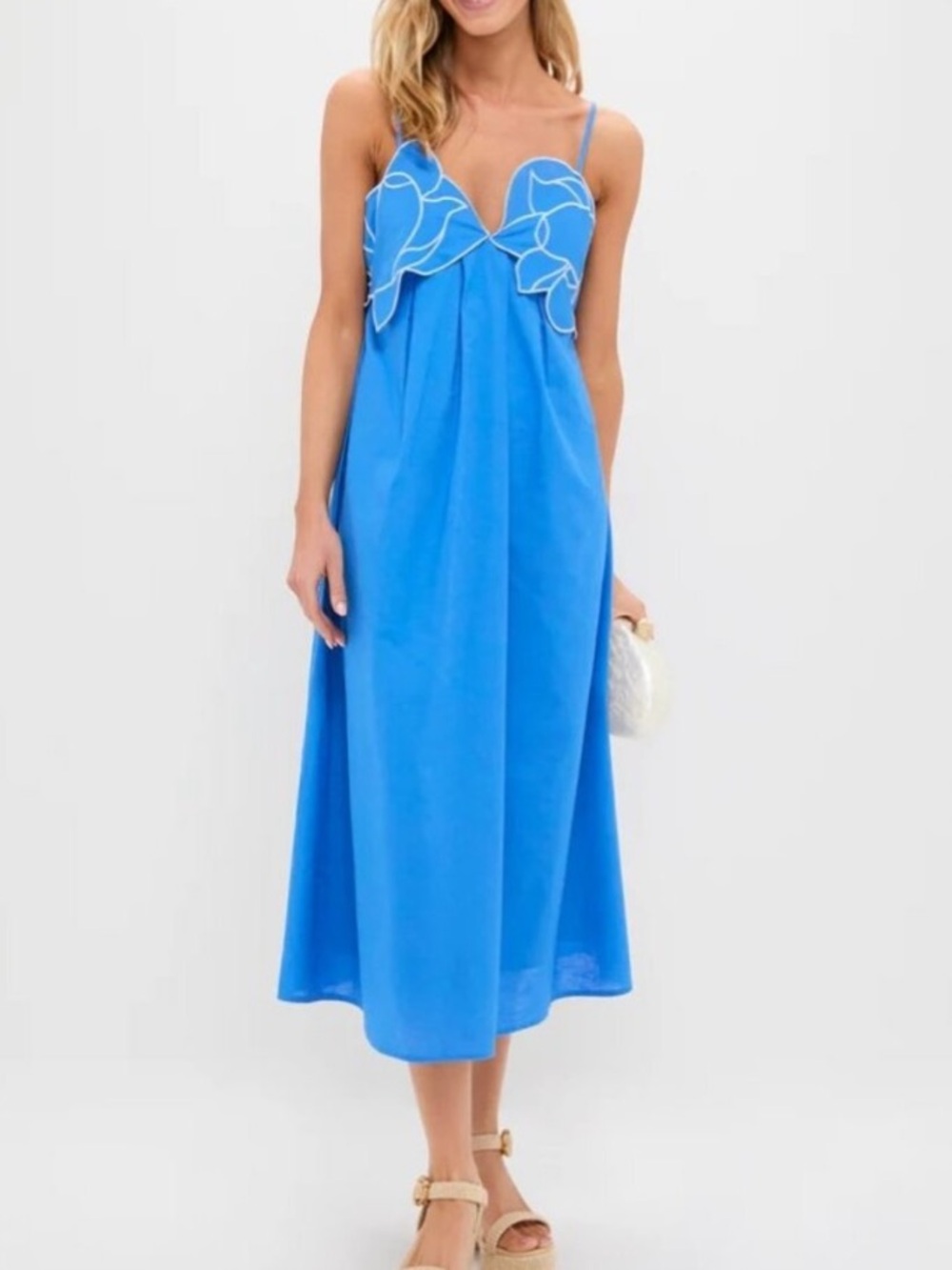 English Factory Linen Blend Flower Applique Iris Maxi Dress Sleeveless Sea Blue - Picture 13 of 14